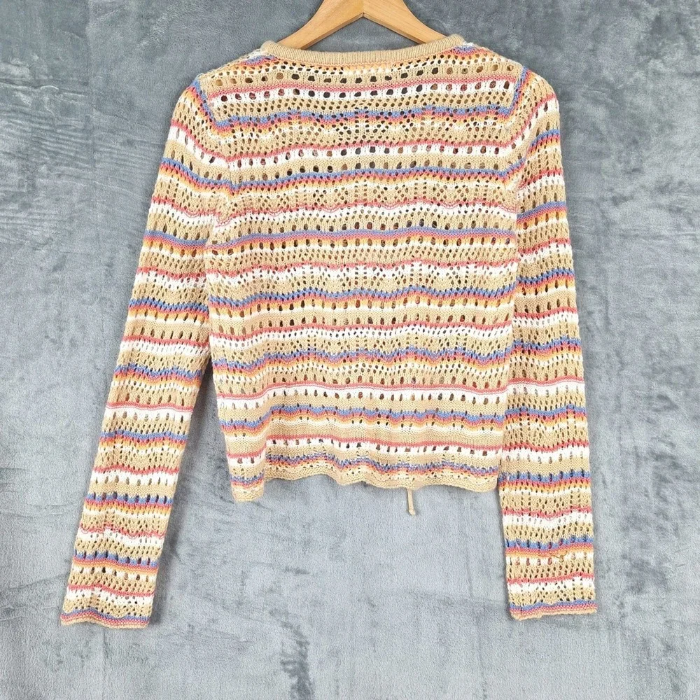 Womens Sweater Medium Boho Crochet Knit Cottagecore Indie Striped Tie Front Crop